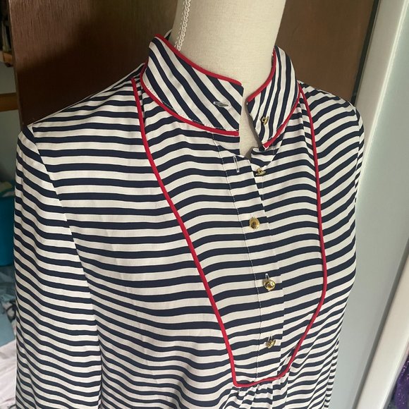 Sail to Sable STS striped silk top S small navy blue gold button long sleeve - Picture 2 of 10